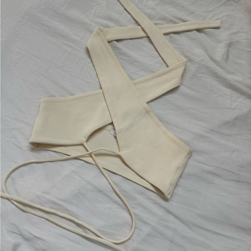 Cream Ribbed Cross-Front Crop Top Peppermayo